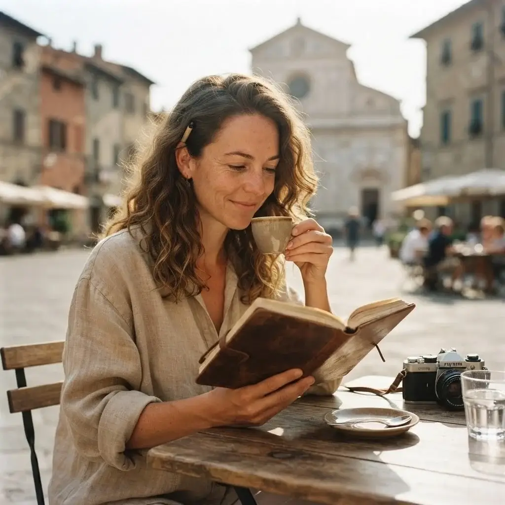 Emma Collins sitting at a rustic, sunlit outdoor café table in a historic European piazza, reading a journal and sipping coffee, capturing the essence of slow solo travel.
