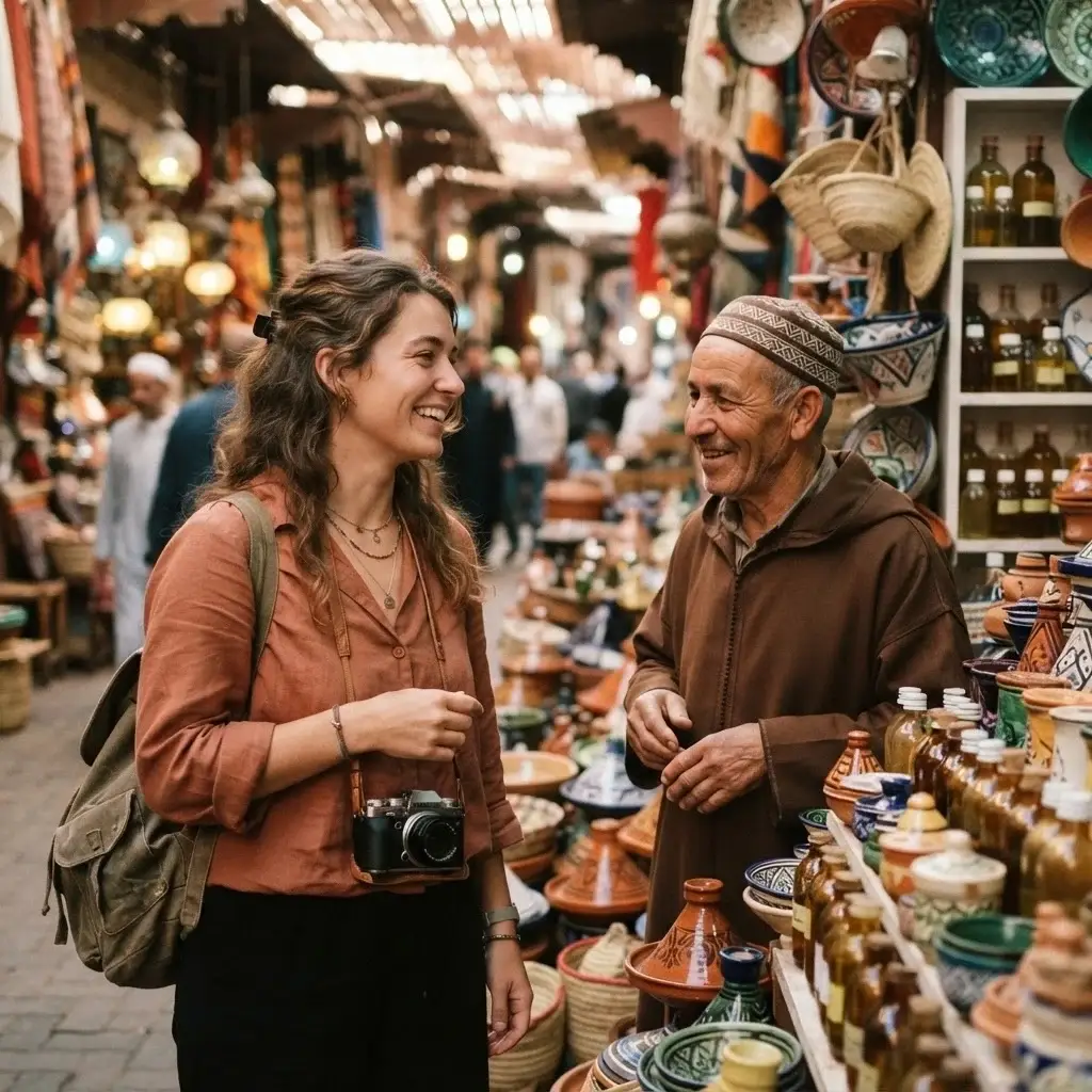 A candid shot of a young woman with natural brown hair wearing a cream linen top, interacting with a local vendor at an open-air market stall filled with traditional oils in Marrakech, Morocco.