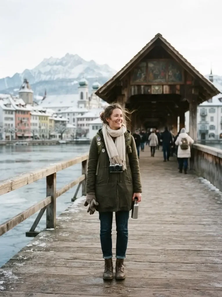  Emma Collins standing on the wooden Chapel Bridge in Lucerne, Switzerland, during a snowy winter day, wearing earthy linen layers.