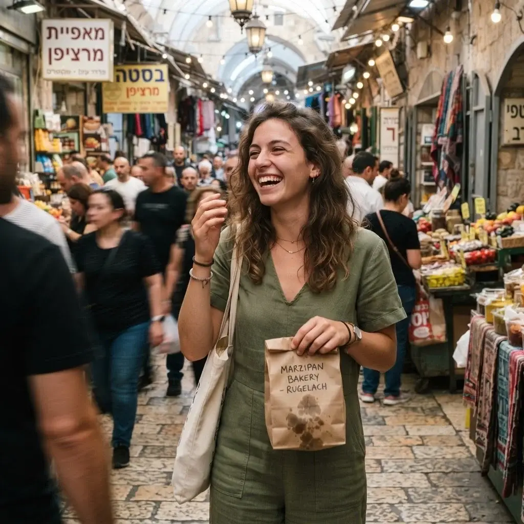 A candid, joyful shot of Emma Collins in the bustling Mahane Yehuda Market in Jerusalem, holding a bag of chocolate rugelach pastries.