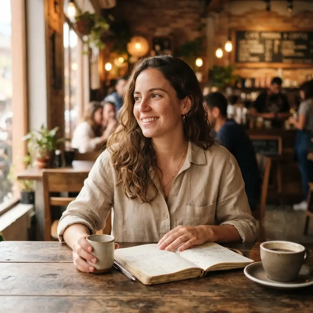 A young woman enjoying a fresh cup of Colombian coffee at a rustic, wooden-tabled café in Laureles, Medellín.