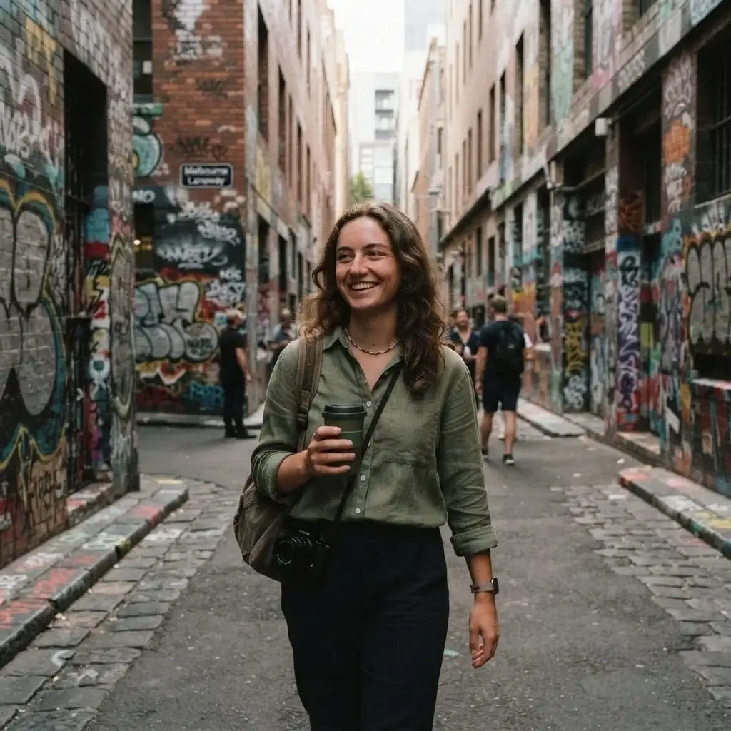 A female traveler with a mirrorless camera exploring a vibrant Melbourne laneway, holding a takeaway coffee, surrounded by colorful street art murals.