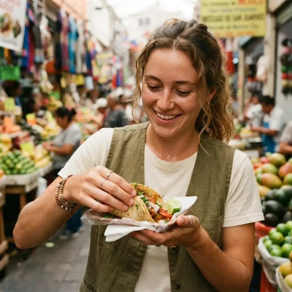 A solo female traveler holding a fresh street taco in a bustling, colorful local market in Mexico City.