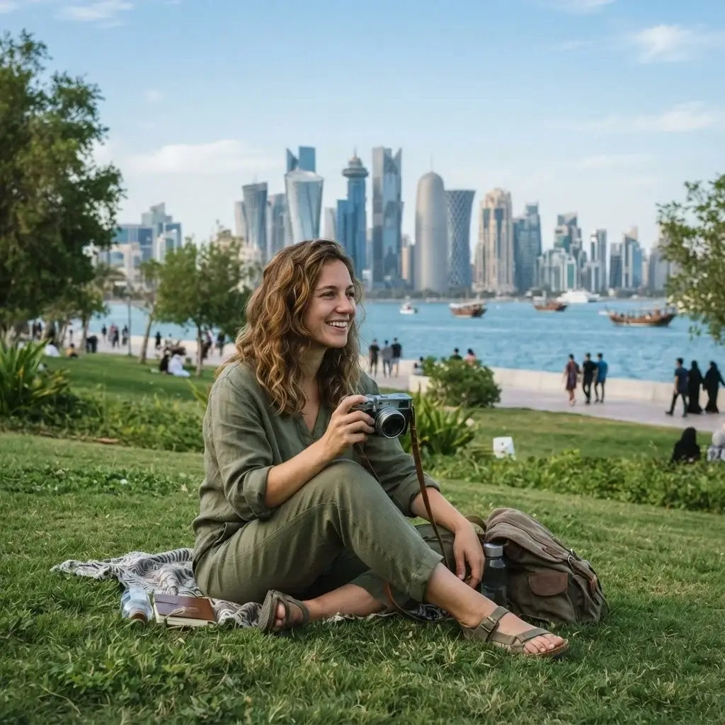 Emma Collins sitting on the grass in MIA Park, Doha, holding a mirrorless camera while looking out at the modern West Bay skyline across the water.