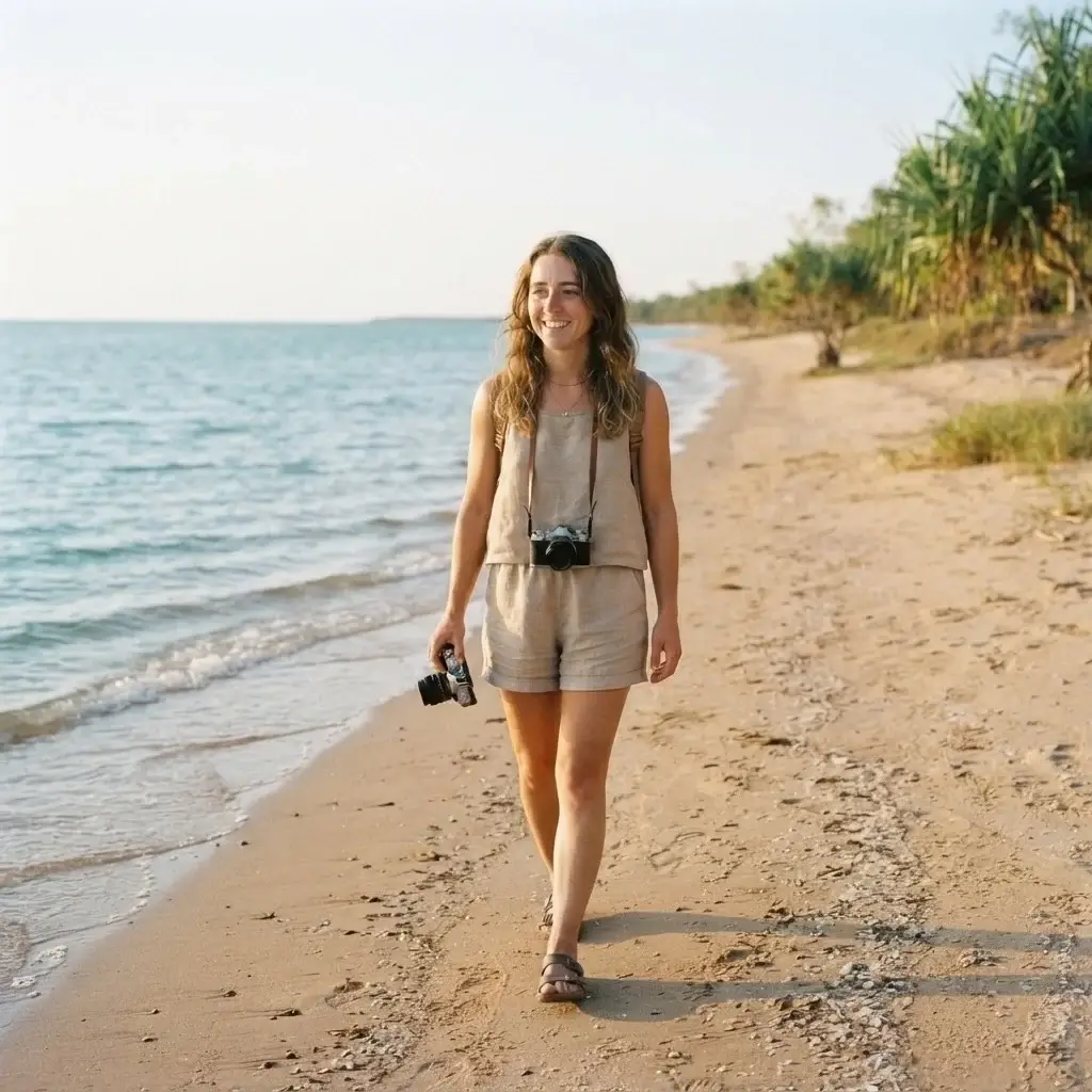 Emma Collins, a solo traveler, walks along the coast at Mindil Beach in Darwin, Australia, during the early morning golden hour with the Timor Sea in the background.