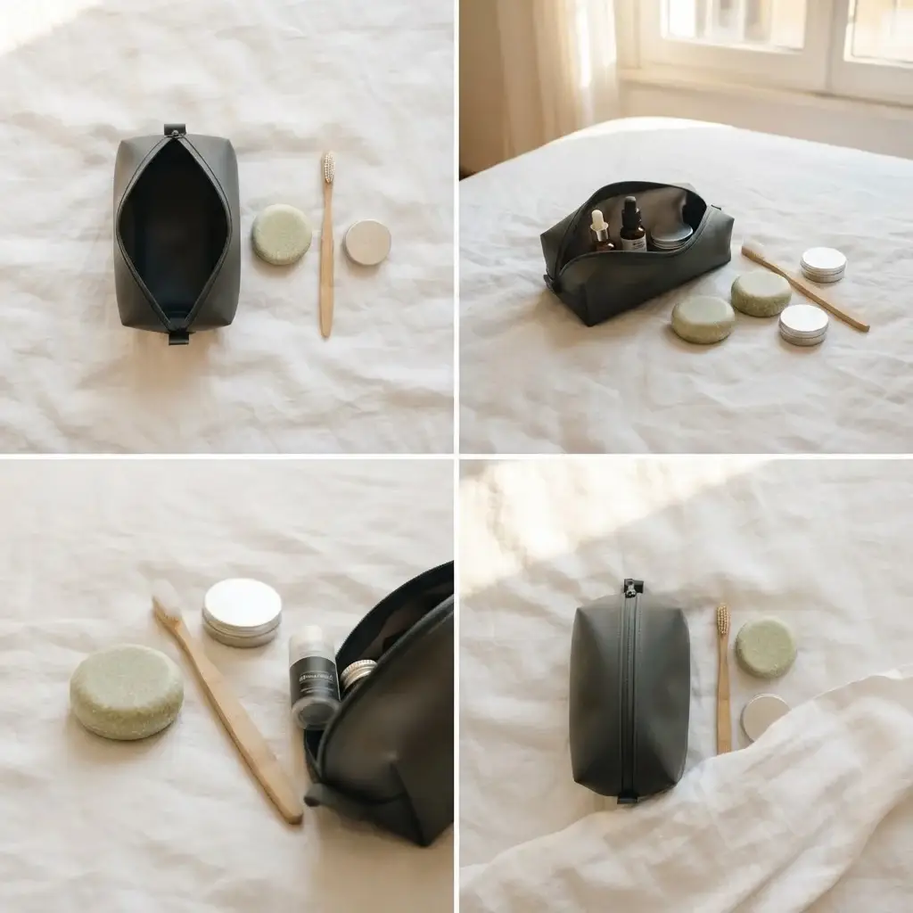 A top-down lifestyle photograph of a minimalist travel toiletry setup resting on a white linen bedspread in a sunny Italian room, featuring a shampoo bar, bamboo toothbrush, and a compact pouch.