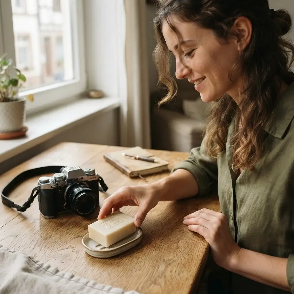 A 20-something female solo traveler with brown hair, wearing an olive-green linen shirt, carefully arranging a solid facial cleansing bar and dry enzyme powders next to a mirrorless camera on a rustic wooden table in a sunlit European hostel room.