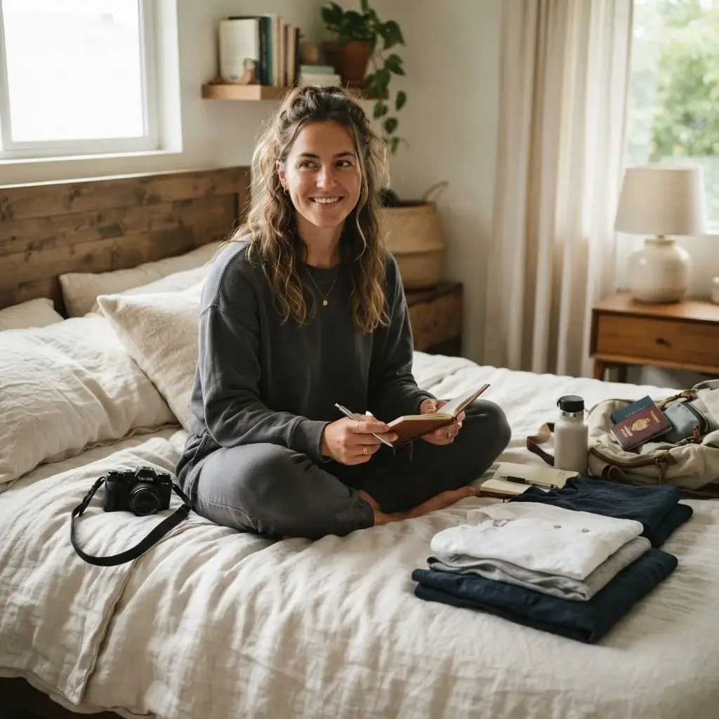 A warm, softly lit bedroom shot of Emma Collins sitting next to a neat, highly curated pile of neutral-toned clothing items during her pre-departure edit.