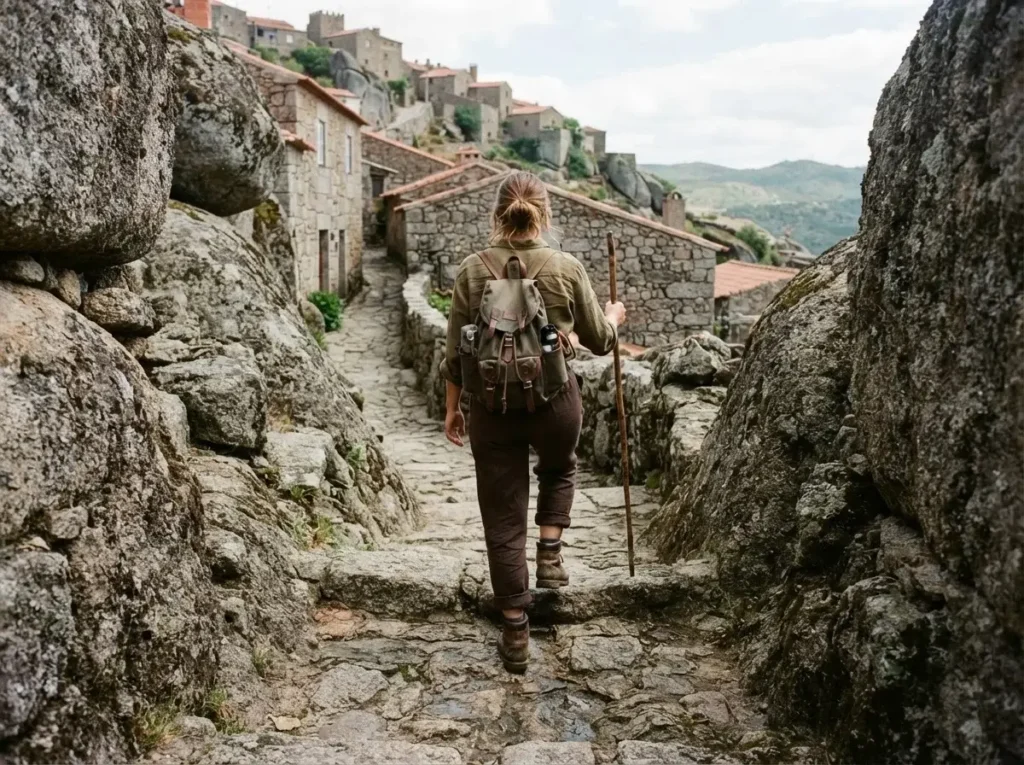 A solo female traveler with natural brown hair wearing earthy-toned linen clothes climbing a steep, narrow stone path in Monsanto, Portugal, with granite boulders.