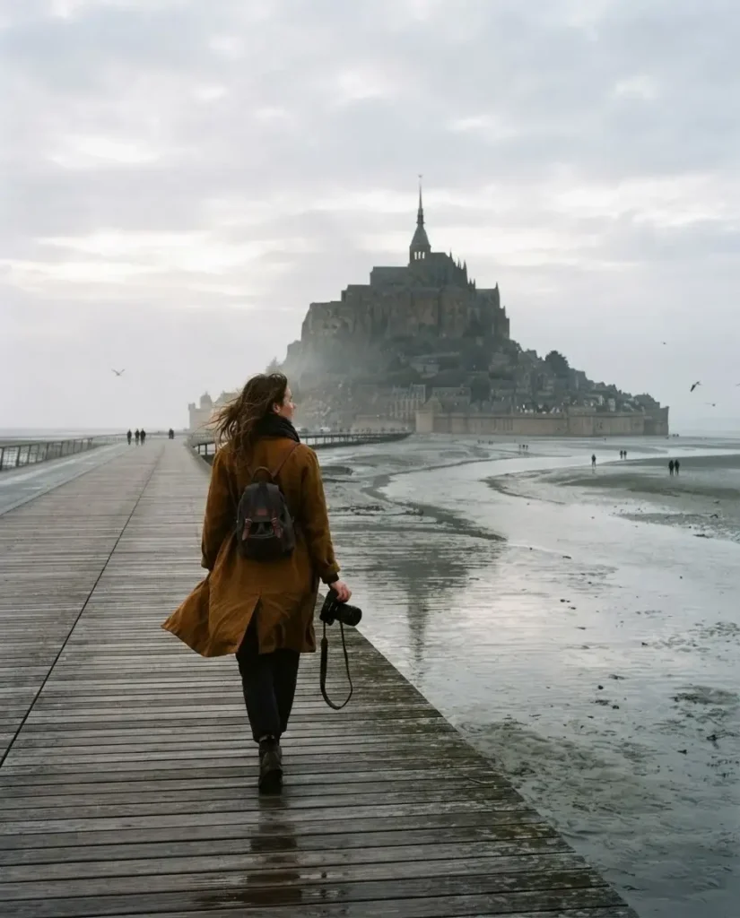 Traveler walking the causeway toward Mont-Saint-Michel Abbey as the tide creeps across the bay, Normandy France