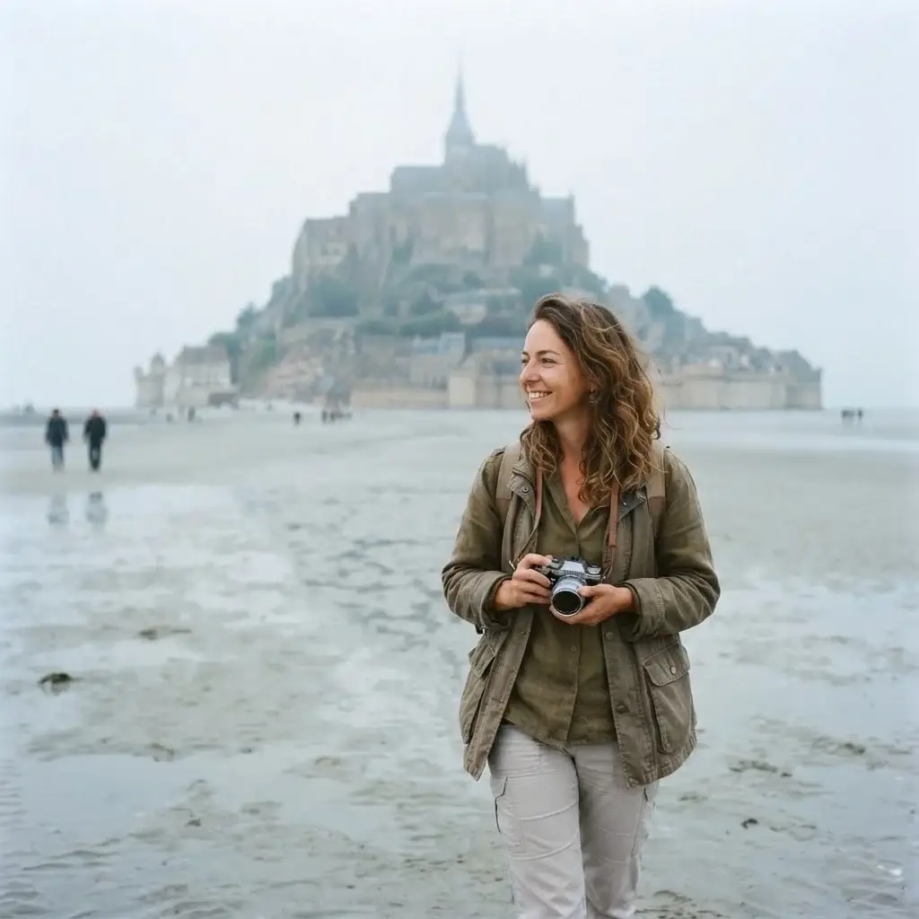 Solo traveler walking across the sand flats toward the Mont-Saint-Michel abbey in France, carrying a camera, cloudy day.