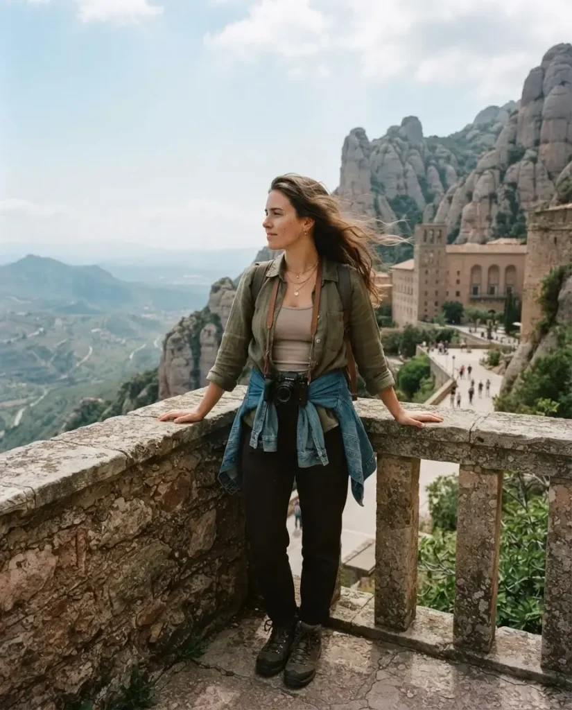 Solo traveler overlooking the jagged Montserrat mountain range near Barcelona, Spain