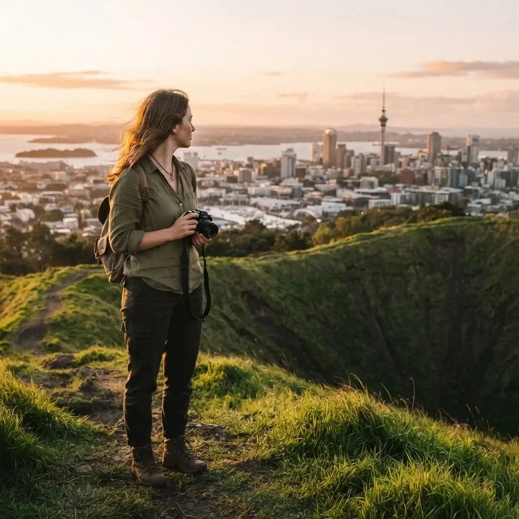 A young woman in linen travel clothing stands on the grassy volcanic rim of Mount Eden, Auckland, looking out over the city skyline during golden hour.