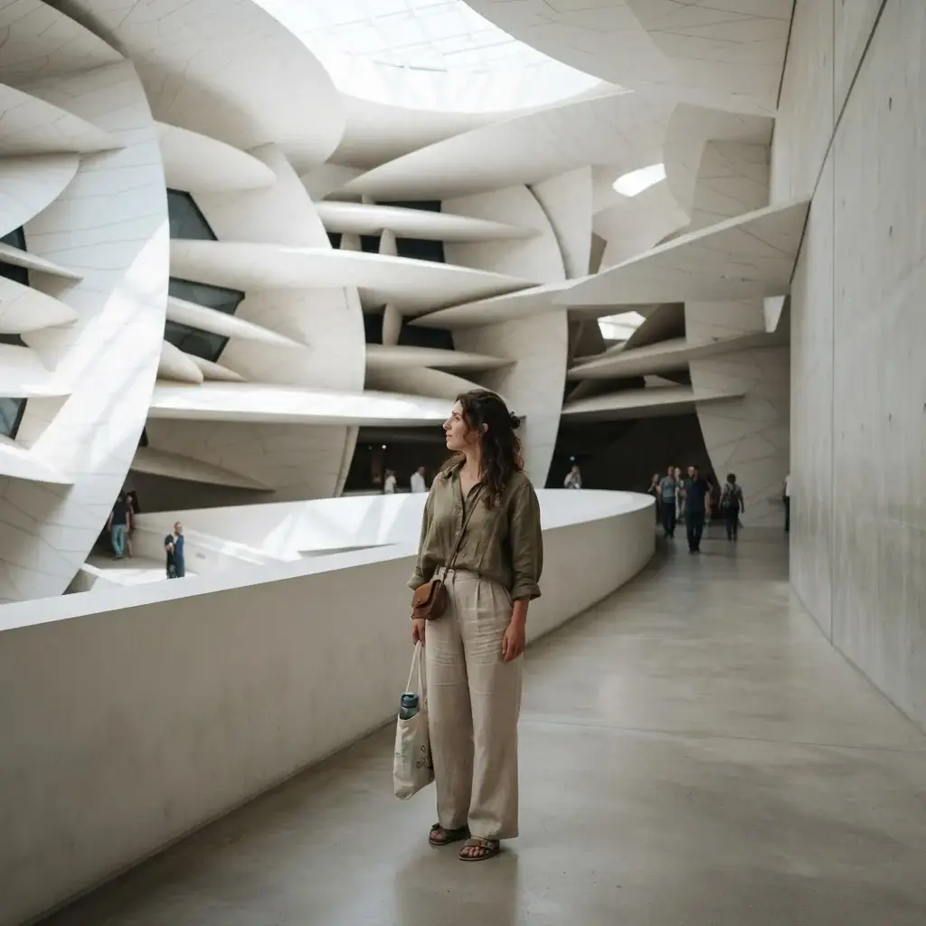 Emma Collins standing in the geometric, desert-rose-inspired hallway of the National Museum of Qatar, looking at the light play on the walls.