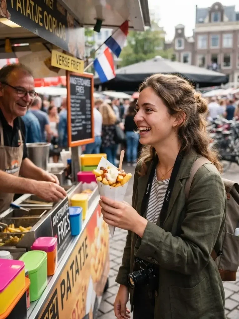 Emma Collins enjoying authentic Dutch street food at a market stall in the Netherlands, holding a paper cone of fries, candid lifestyle shot.
