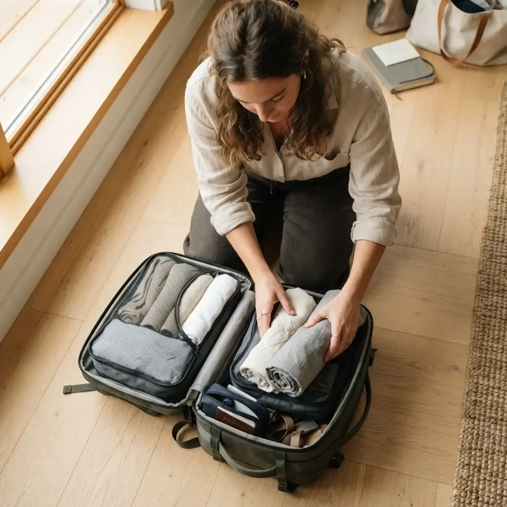 A top-down view of Emma Collins organizing her minimalist wardrobe into two neat packing cubes inside her open 30L travel backpack on a wooden floor.