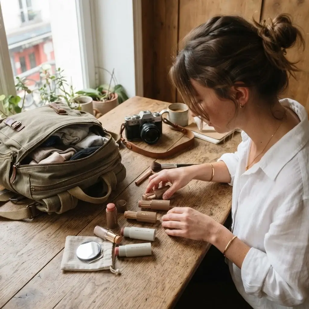 A 20-something female traveler with brown hair in a white linen shirt organizing solid foundation and blush stick cosmetics on a rustic wooden table next to an open canvas travel backpack.
