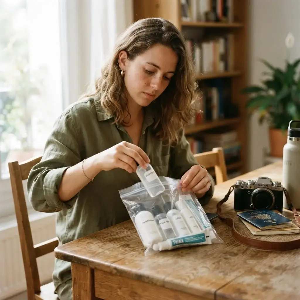 Emma Collins, a female solo traveler with brown hair in a linen shirt, organizing travel-size bottles inside a clear one-quart zip-top plastic bag on a wooden table.