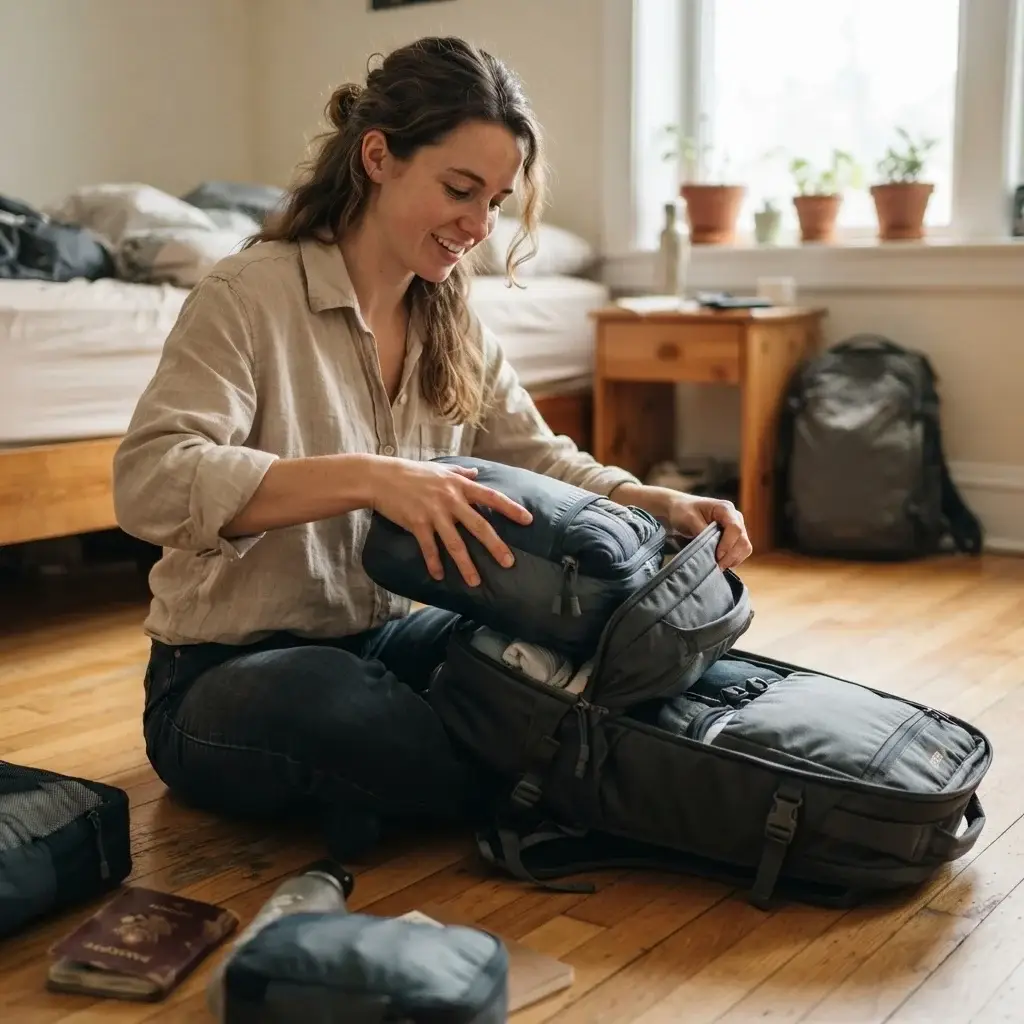 A 20-something female solo traveler with natural brown hair, wearing a casual linen shirt, packing colorful compression cubes into a 40L travel backpack on a wooden floor.