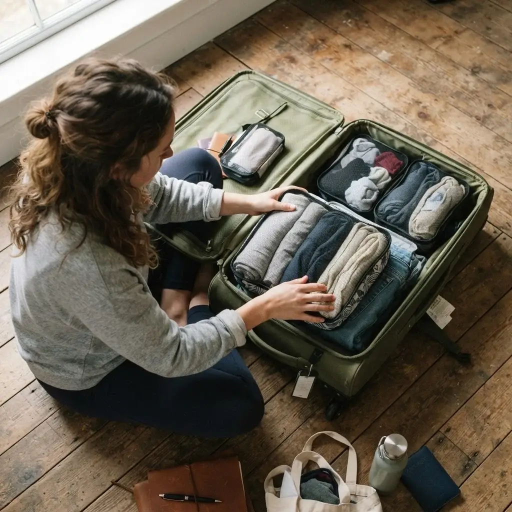 A top-down, candid photograph of a female traveler packing an organized olive green carry-on suitcase on a wooden floor, arranging three neatly rolled mesh packing cubes filled with neutral-toned linen shirts and denim.