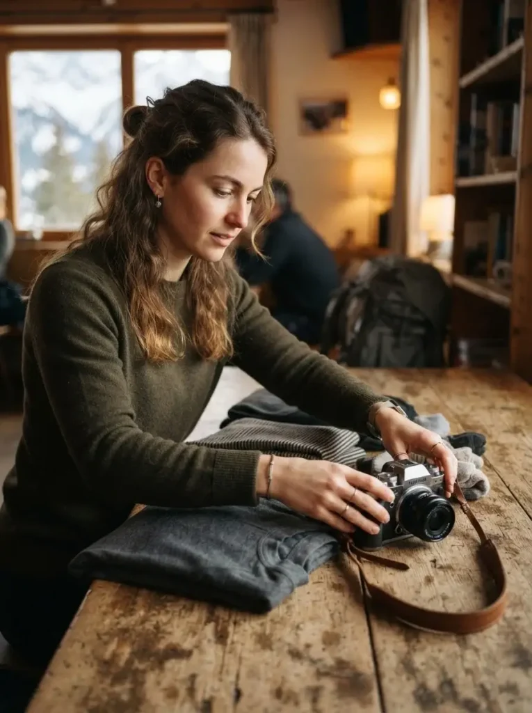 Emma Collins prepping her winter travel gear in a cozy room, focusing on merino wool layers and her classic mirrorless camera.