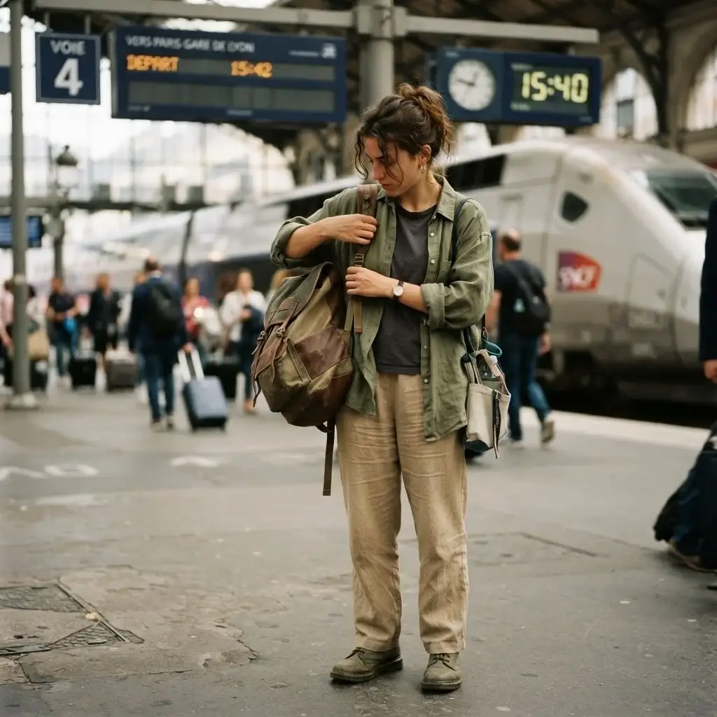 A solo traveler adjusting her compact, minimalist travel backpack while standing on a European train platform, showing realistic travel gear.