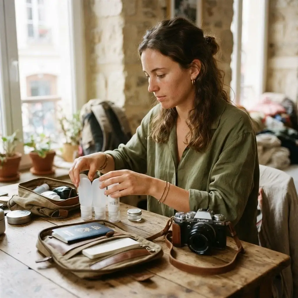 A close-up lifestyle photo of a young woman with brown hair wearing an olive green linen shirt, carefully organizing travel-sized silicone bottles on a wooden desk next to her open canvas backpack.