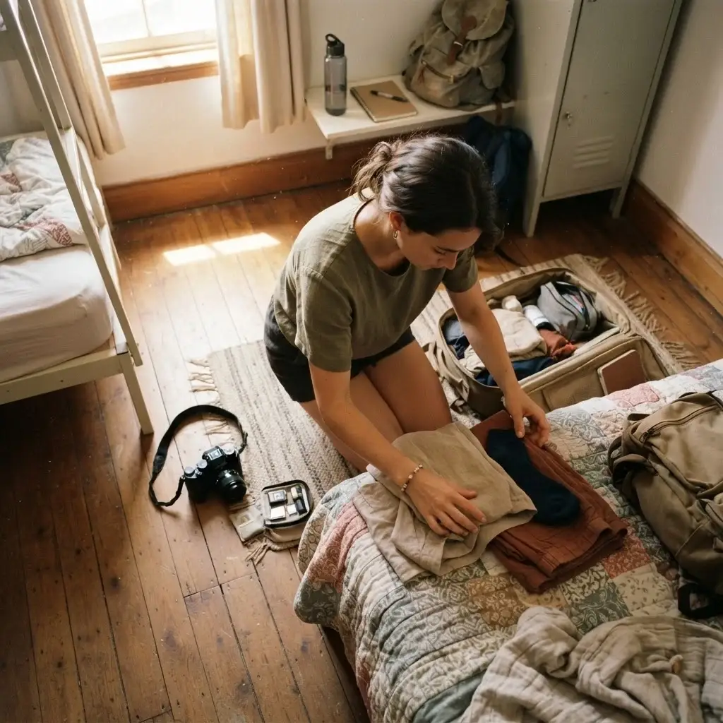 Emma Collins organizing her earthy-toned, practical travel clothing and a professional mirrorless camera in a cozy, sunlit minimalist European hostel room.