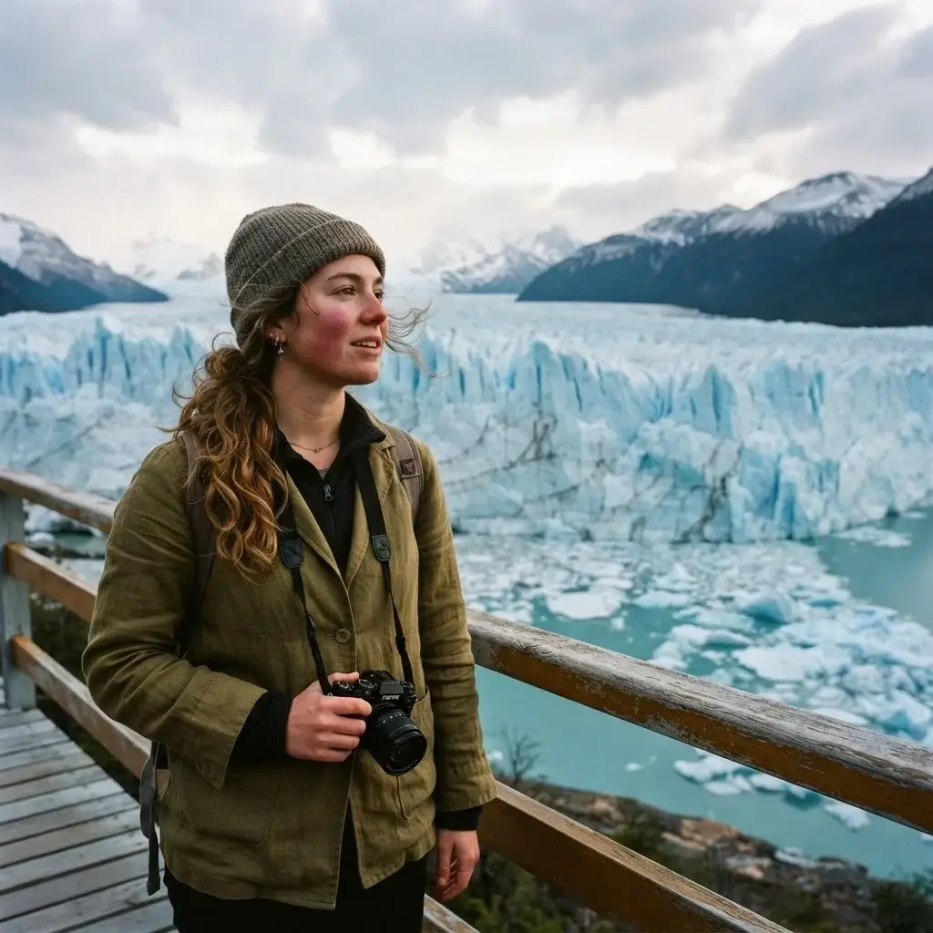 A woman in comfortable travel attire standing near the Perito Moreno Glacier walkways in Argentina, observing the ice, candid portrait, dramatic glacial landscape.