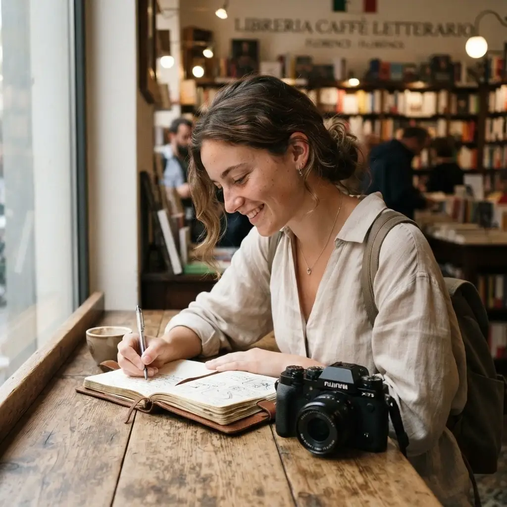 A close-up, candid view of a solo traveler writing in a journal at a rustic coffee shop in Perth, surrounded by books and soft morning light.