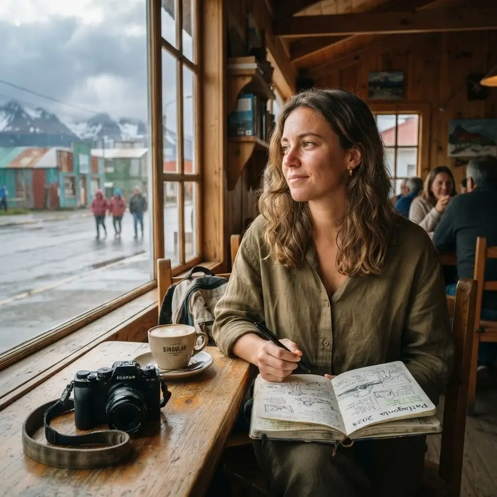 A young woman with brown hair sitting in a cozy Puerto Natales cafe with a notebook, planning a Patagonia itinerary, wearing comfortable linen travel clothes.