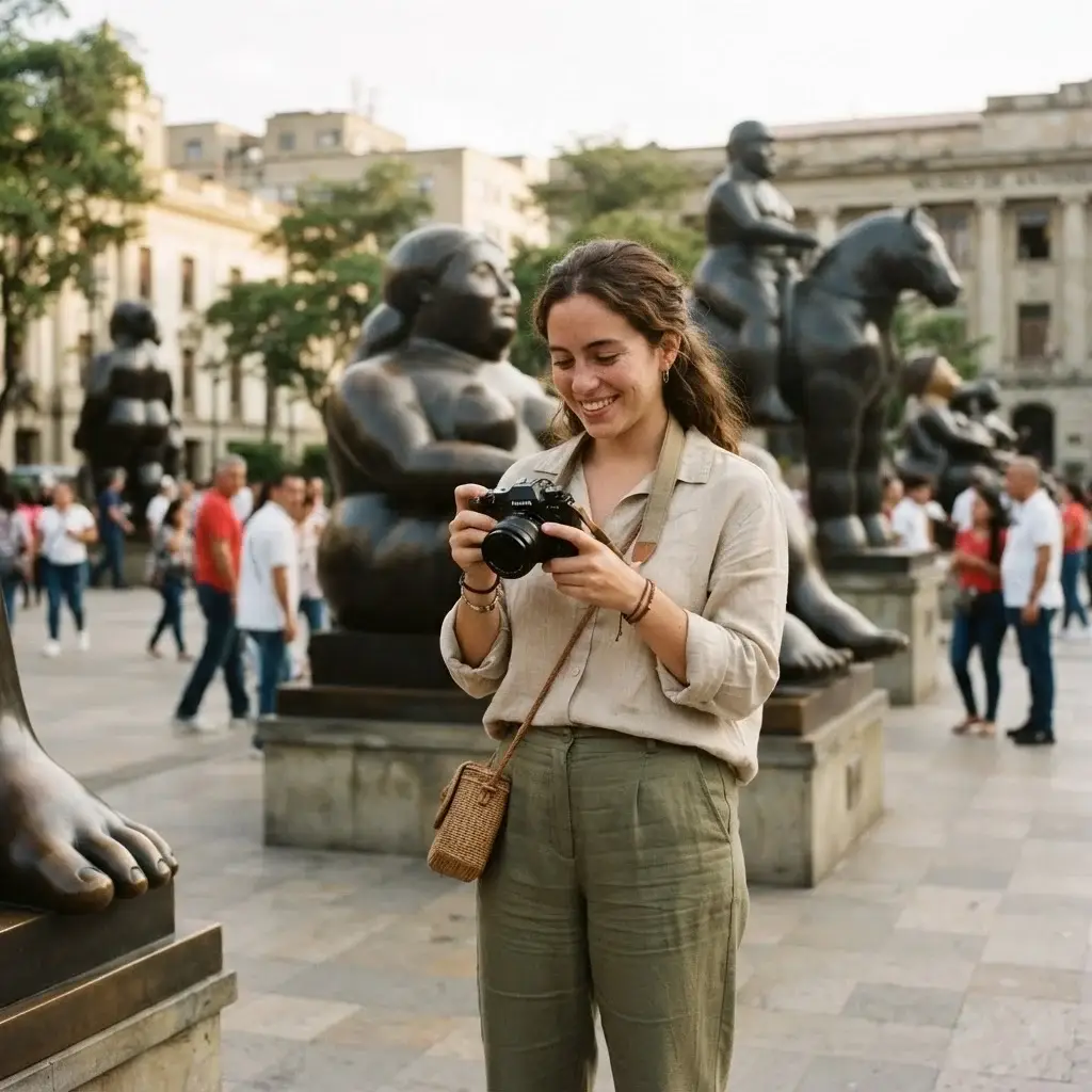 A solo traveler with a camera observing the large bronze sculptures in Plaza Botero, Medellín, during a sunny day.