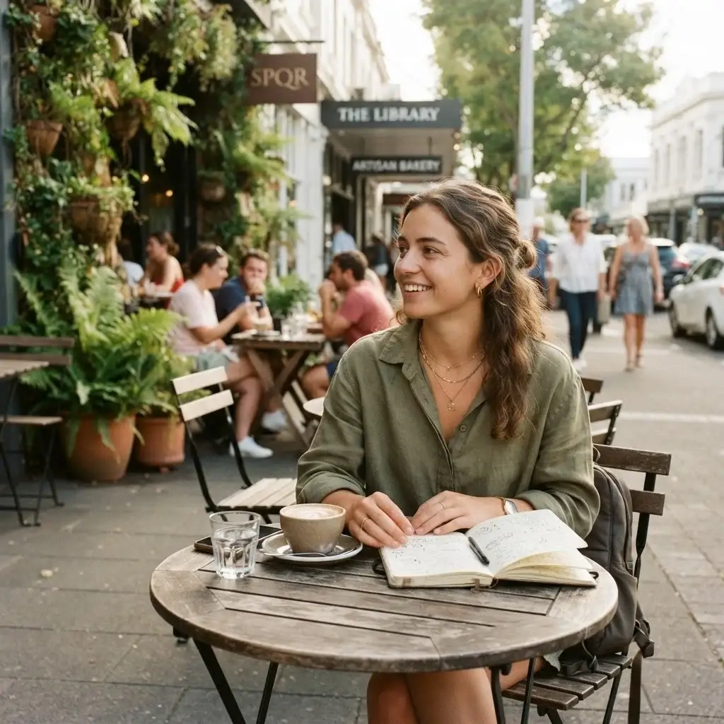 A solo traveler sitting at an outdoor cafe table in Ponsonby, Auckland, with a fresh coffee and a notebook, reflecting the local street atmosphere.