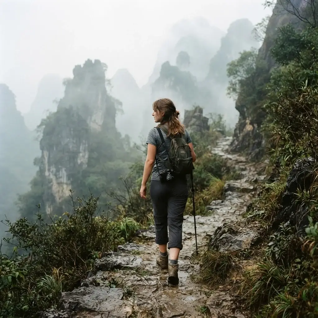 An authentic photograph of a female solo traveler hiking a rugged, misty mountain trail in China, wearing durable technical travel pants and carrying a mirrorless camera.