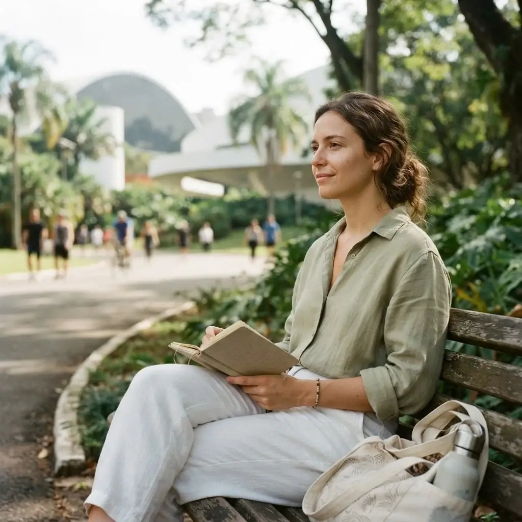 Emma Collins resting on a park bench in Ibirapuera Park, São Paulo, with lush green landscape and blurred Oscar Niemeyer architecture in the background.