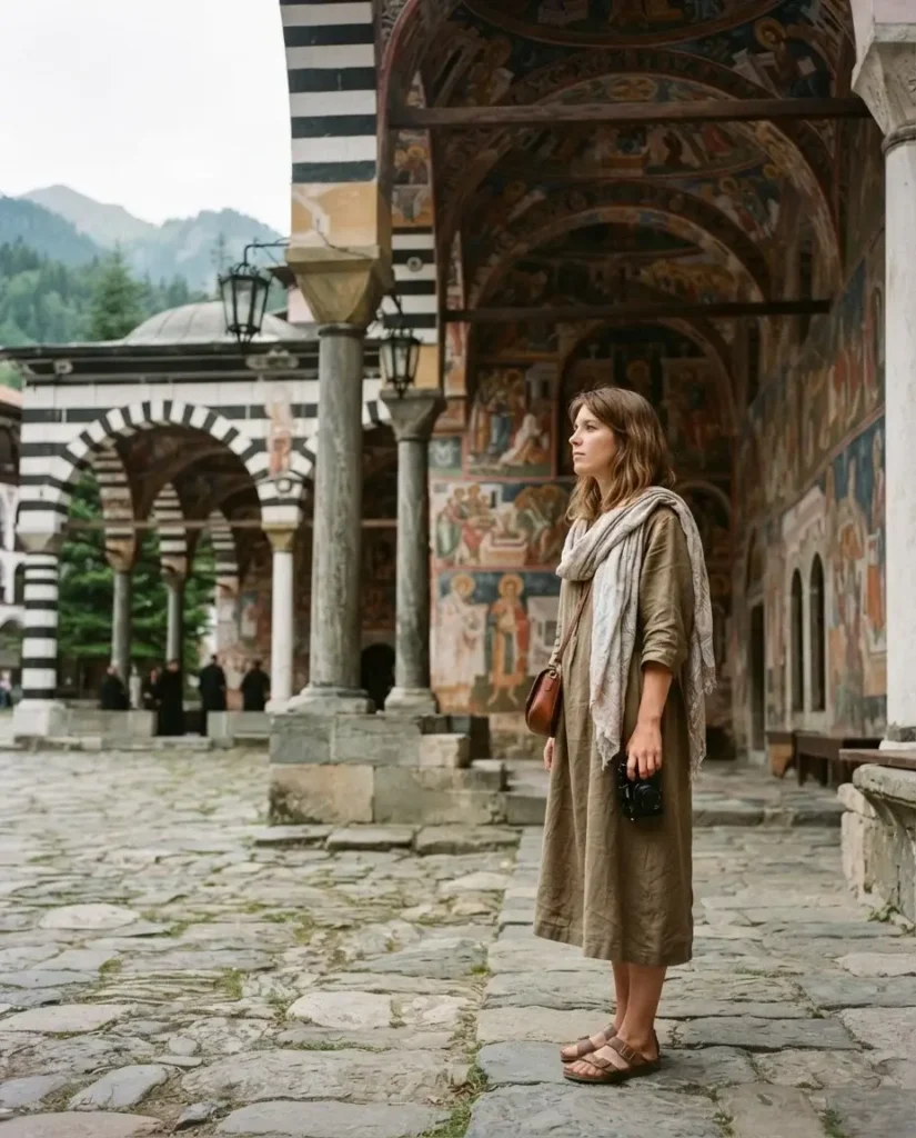Traveler admiring the striped arches and frescoes inside Rila Monastery's courtyard, Bulgaria