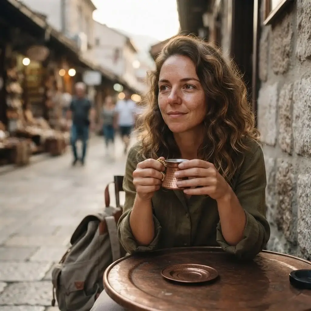 Emma Collins relaxing in a bohemian cafe in Quito's La Floresta neighborhood with a steaming cup of local Ecuadorian coffee and her notebook.