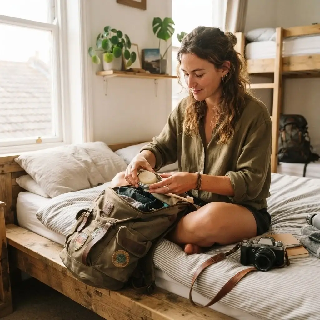 A candid close-up of a 20-something female solo traveler packing solid zero-waste shampoo bars into her rugged canvas backpack inside a sunlit hostel room.