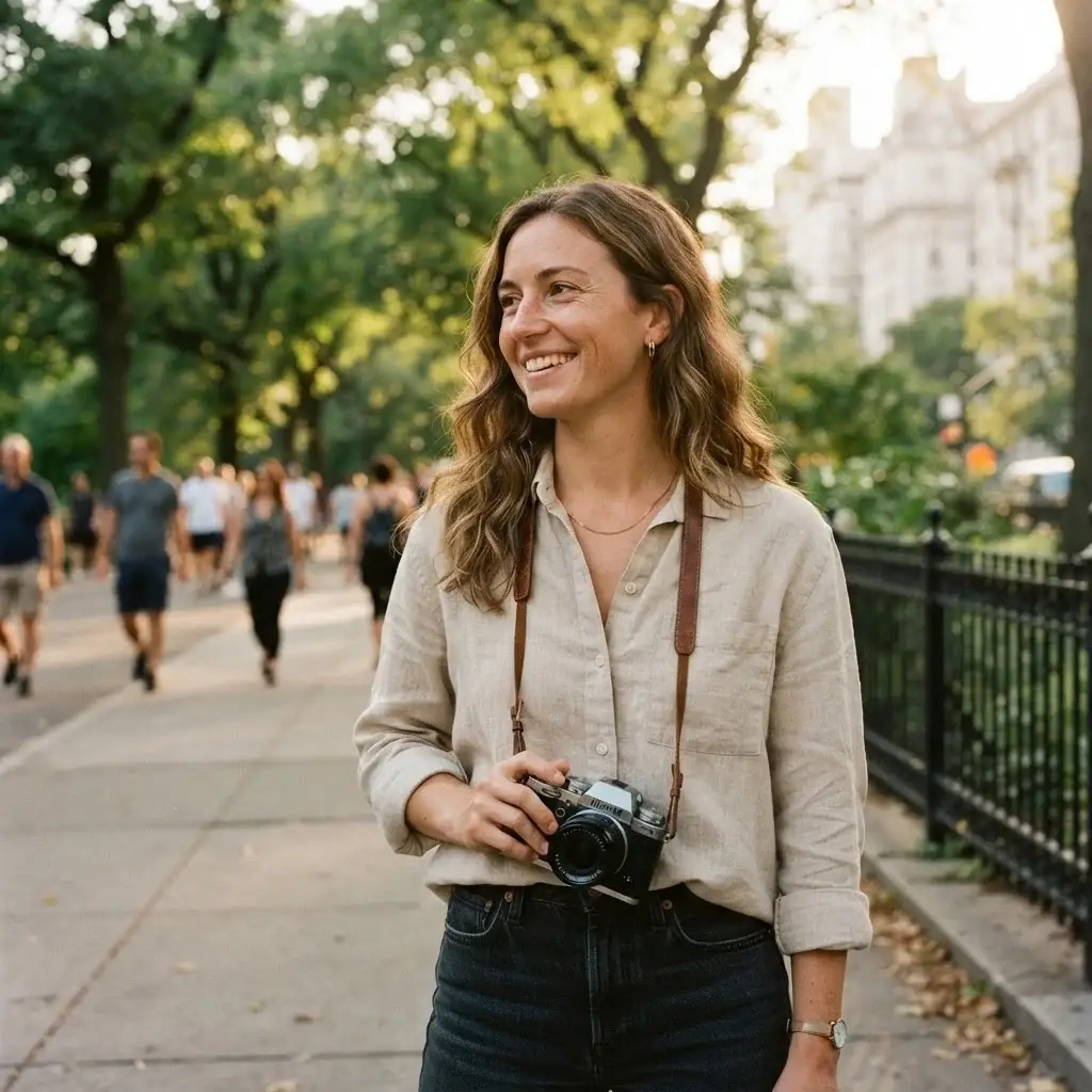 A candid eye-level photograph of a 20-something female guide with natural brown hair and a linen shirt, holding a mirrorless camera on a sunlit afternoon street in New York City with Central Park trees blurred in the background.