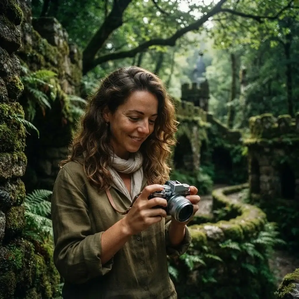 Emma Collins exploring the mossy, stone gardens of Quinta da Regaleira in Sintra, Portugal, captured in candid documentary style.
