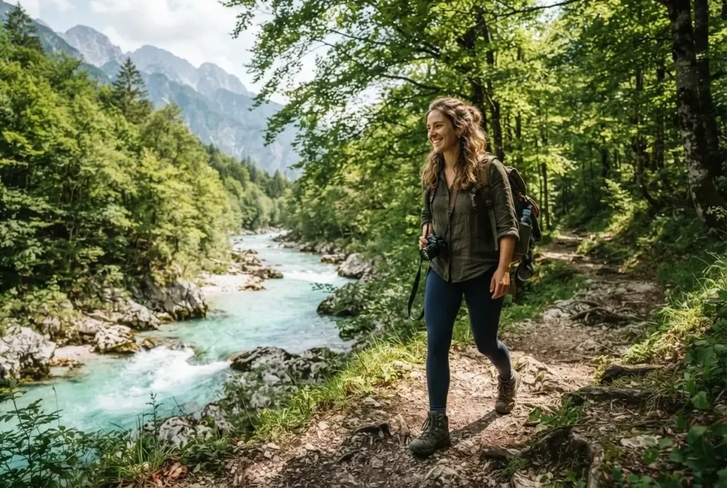 A solo traveler hiking along the banks of the turquoise Soča River in Slovenia, wearing earthy linen clothes and carrying a camera.