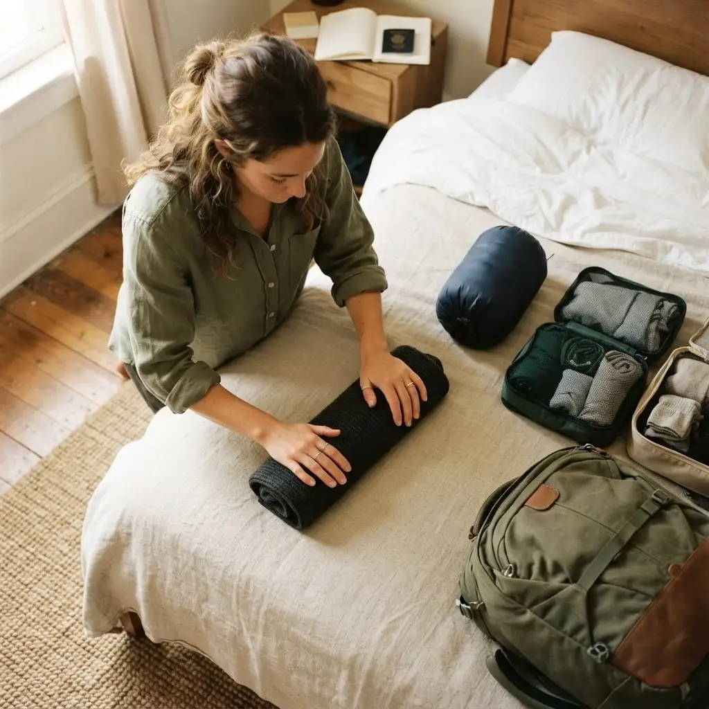 A candid overhead view of solo traveler Emma Collins with natural brown hair, wearing a casual linen shirt, rolling a dark merino wool sweater next to a compact down jacket and packing cubes on her bed.