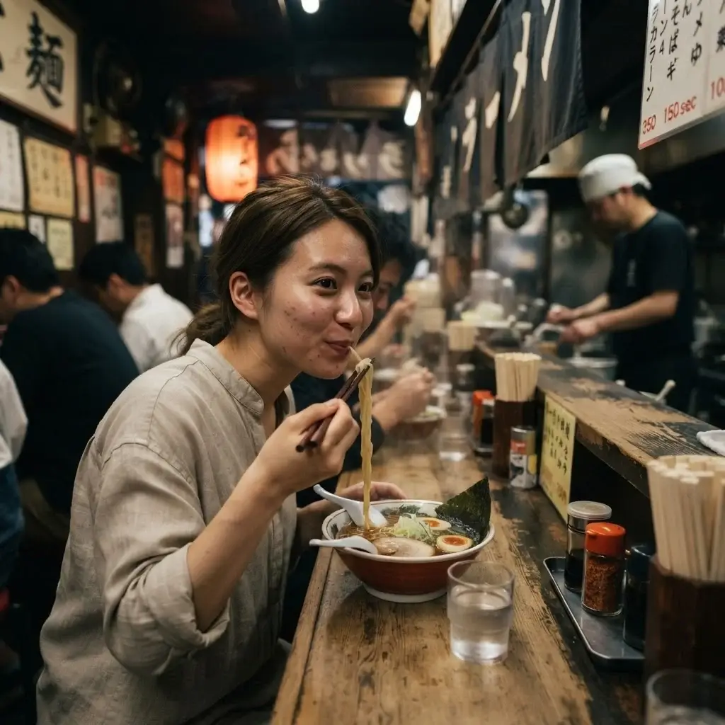 A solo female traveler in a casual linen outfit eating at a wooden ramen counter in a small, authentic Tokyo shop.