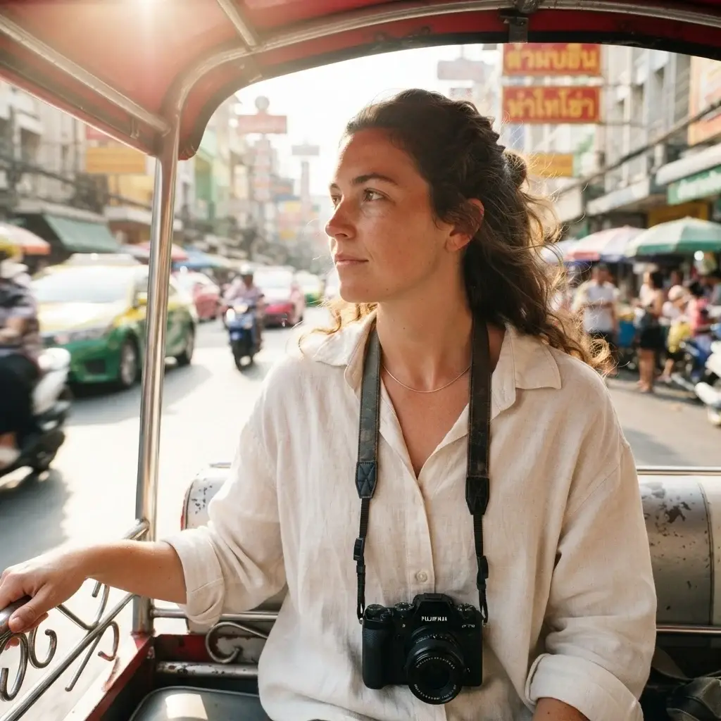 A natural, candid eye-level photo of Emma Collins, a 20-something female traveler with natural brown hair and a cream linen shirt, holding a mirrorless camera while riding in an open-air vehicle through a bustling street in Bangkok, Thailand during bright morning daylight.