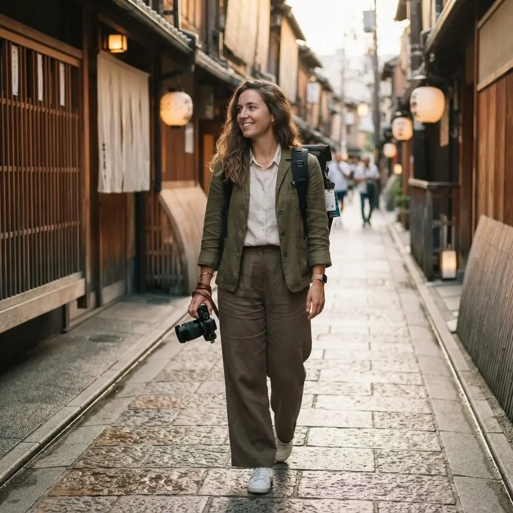 A candid eye-level shot of Emma Collins carrying her single 30L travel backpack while exploring a narrow historic alleyway lined with traditional wooden machiya houses in Kyoto, Japan.