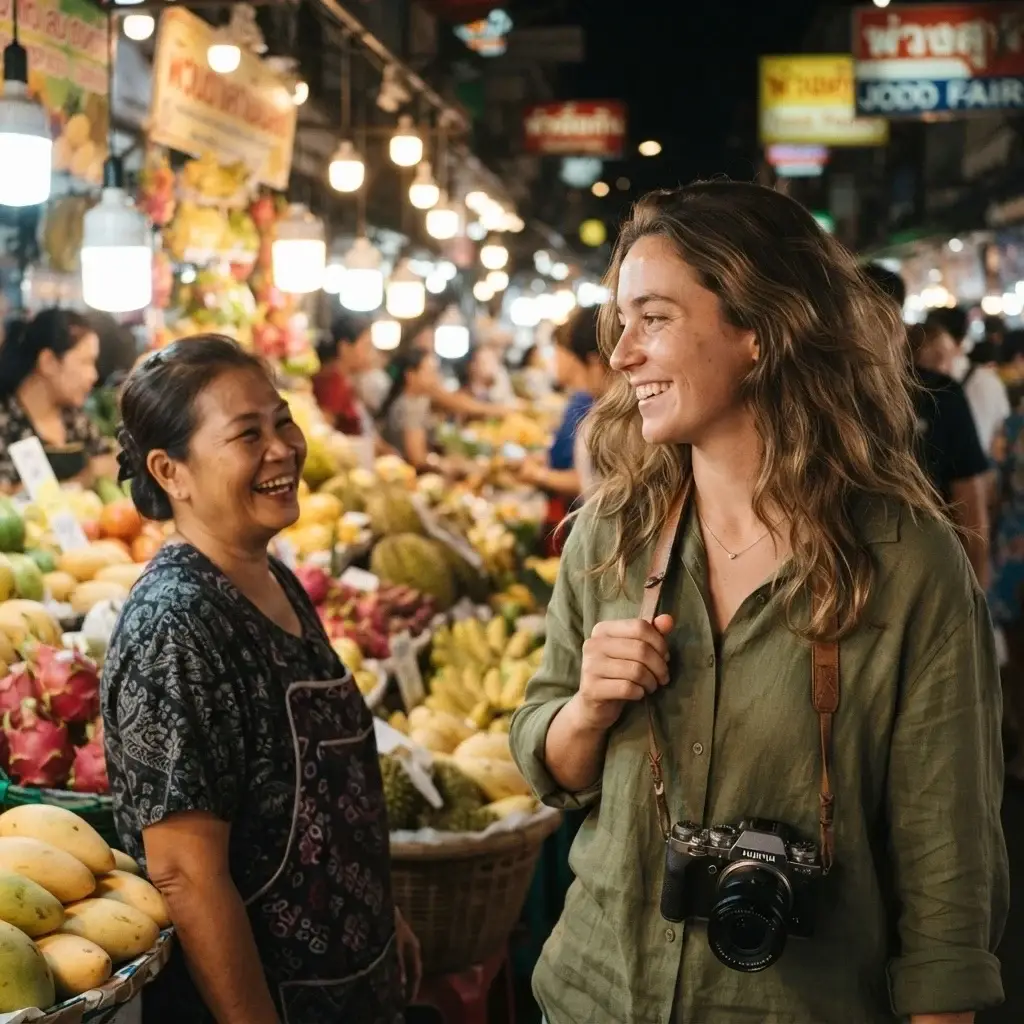A candid eye-level shot of Emma Collins, a 20-something solo female traveler with neat brown hair and an olive linen shirt, exploring a vibrant, colorful fruit market in humid Bangkok, Thailand.