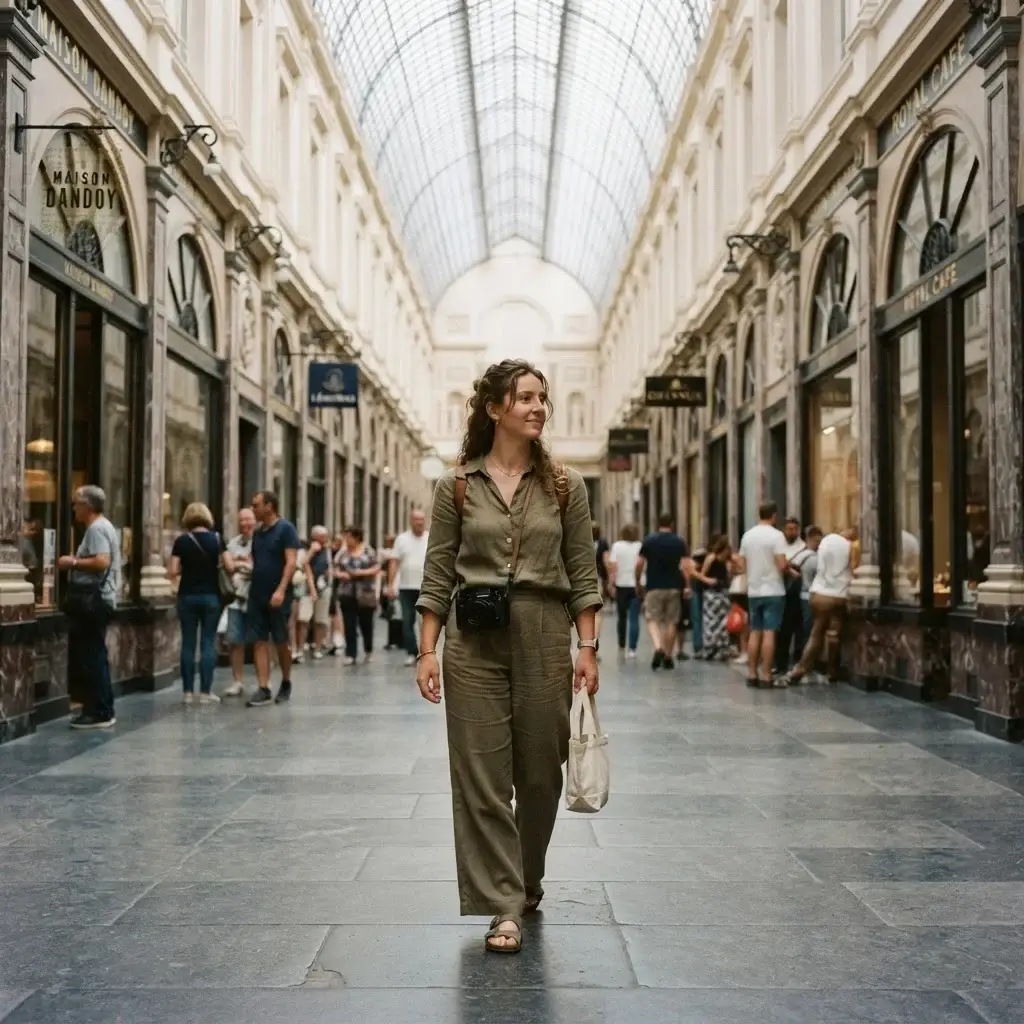 A candid eye-level photograph of a female solo traveler with brown hair wearing a green linen shirt, holding a mirrorless camera while looking at the towering Gothic spire of the Brussels Town Hall at the Grand Place.