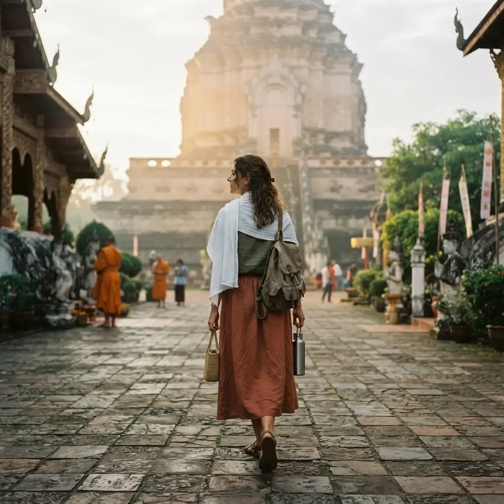 A candid eye-level shot of a female traveler with brown hair wearing a long linen skirt and a lightweight linen scarf draped over her shoulders as she explores an ancient temple in Chiang Mai, Thailand.