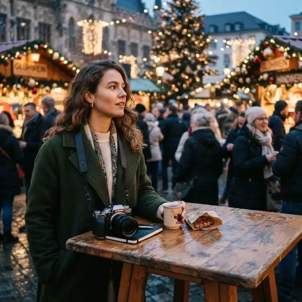 Emma Collins standing peacefully at a wooden high-top table in a bustling European market, observing the holiday scene with her mirrorless camera resting nearby.