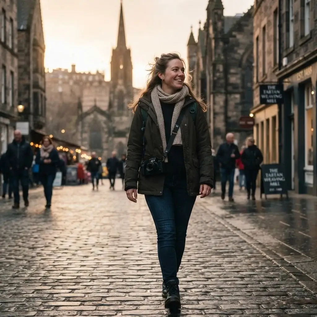 An eye-level candid shot of Emma Collins with natural brown hair, wearing a practical layered winter outfit with a scarf, walking past historic stone buildings along the cobblestone streets of Edinburgh during golden hour.